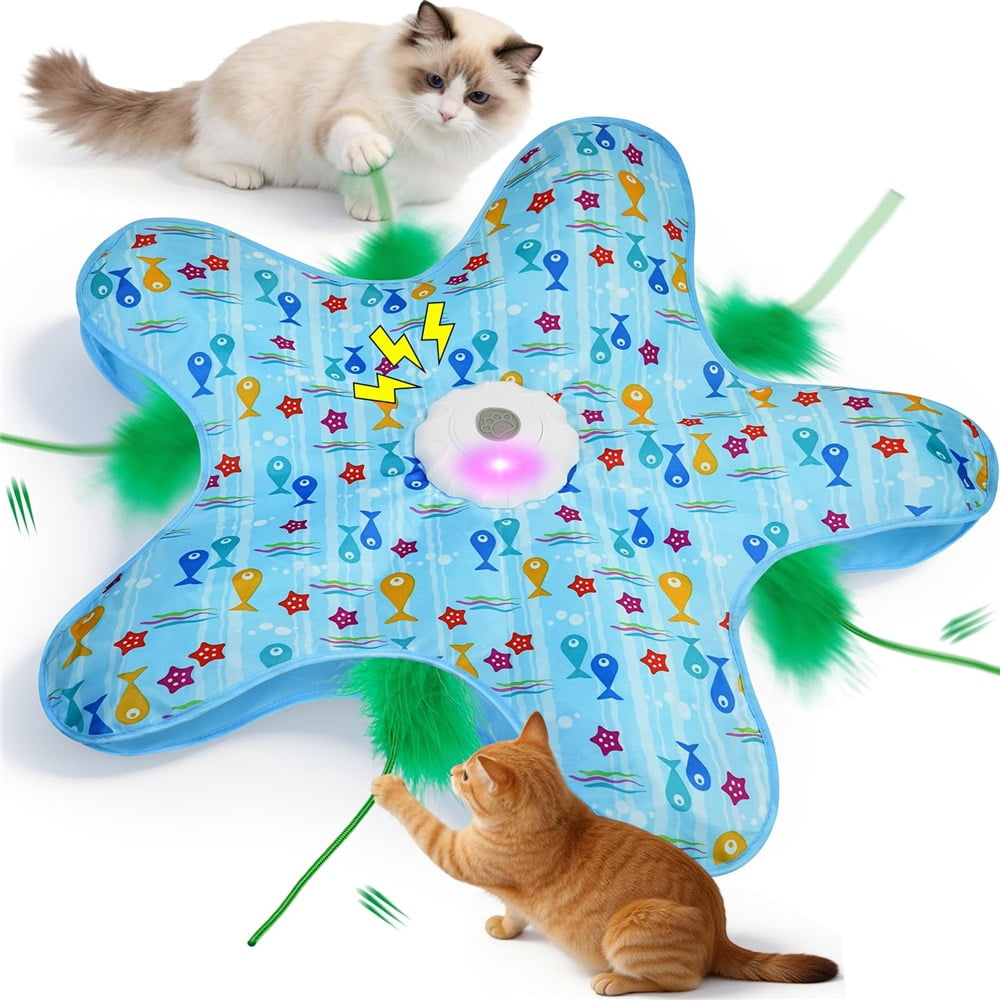 Rechargeable Automatic Cat Toy, 3-Mode Touch-Activated Interactive Toy with Random Motion, Concealed Feather & Squeaky Sound for Indoor Cats & Kittens (Blue)