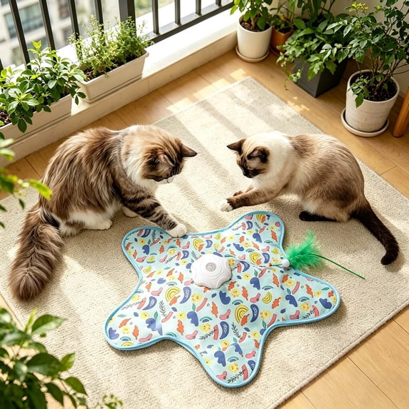 Rechargeable Automatic Cat Toy, 3-Mode Touch-Activated Interactive Toy with Random Motion, Concealed Feather Squeaky Sound for Indoor Cats Kittens (Blue)