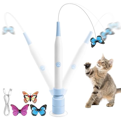 Rechargeable Automatic Cat Toy with Suction Cup,Interactive Cat Toys for Indoor Cats,Butterfly Teaser Wand for Bored Kittens,Self Play Exercise Toy with Flexible Wire(Blue，Butterfly Color Random）