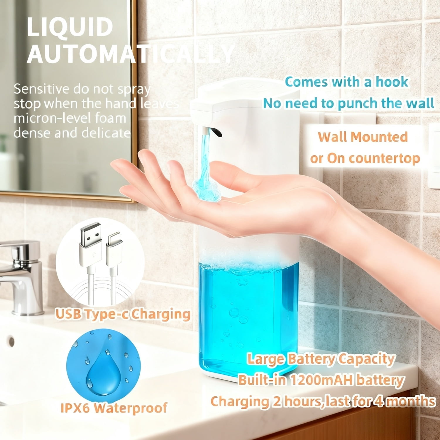 Rechargeable Automatic Sensor Liquid Soap Dispenser,350ML 12 oz Touchless Hand Sanitizer Dispenser with 4 Foam Levels, Long Battery Life,Wall Mount for Kitchen & Bathroom
