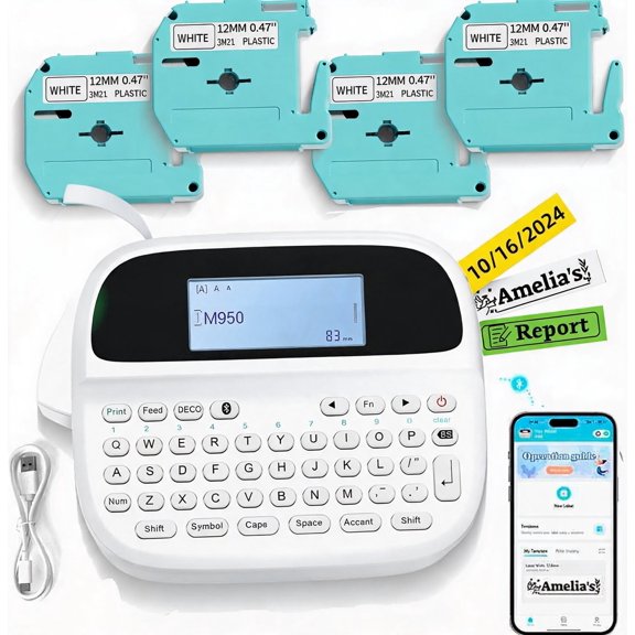 Rechargeable Backlit Label Maker Machine with 4 Tapes for 12mm White Waterproof Labels