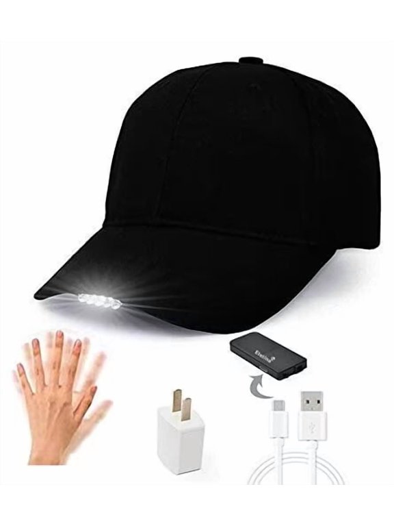 Rechargeable Baseball Cap LED Headlight with USB Cable and Battery, Suitable for Outdoor Camping Night Fishing, Mountain Climbing, Night Riding/Hiking and Auto Repair (Black)