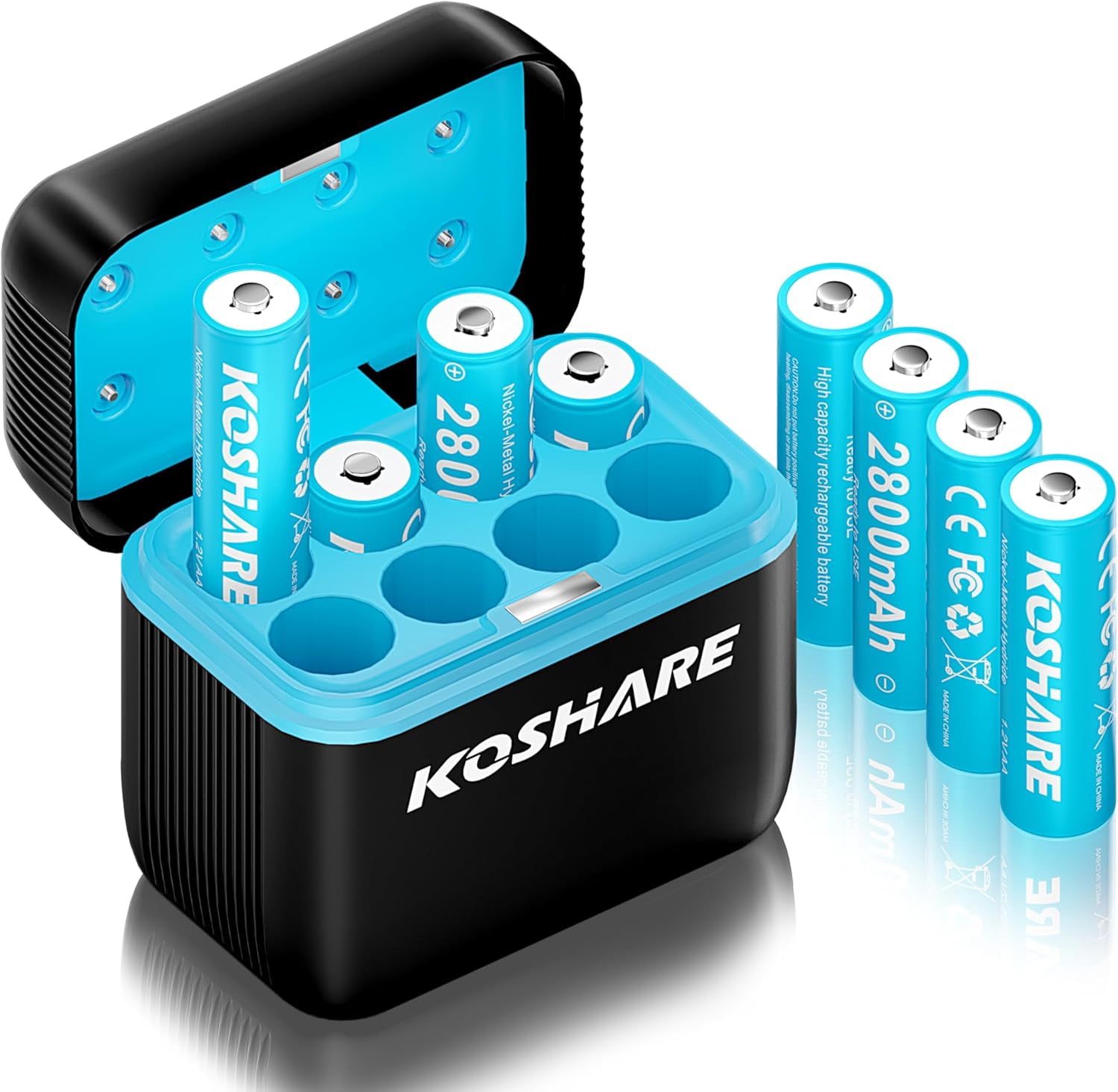 Rechargeable Batteries Ni-MH AA with Charger,8 Pack 1.2V 2800mAh Battery,High Capacity Double A Battery, up to 800 Times, Pre-Charged (+Blue, 8AA+8Slot Charger)