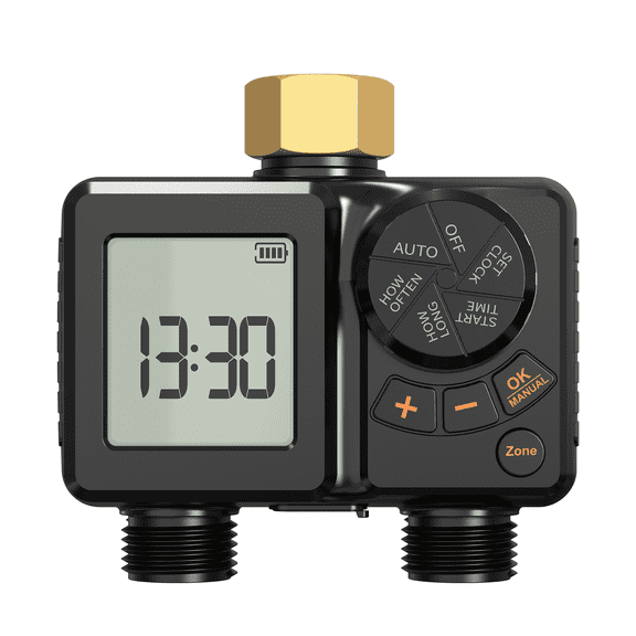 Rechargeable Battery Hose Water Timer, Programmable Sprinkler Timer with Rain Delay/Manual/Automatic Drip Irrigation System for Garden Yard, 2 Outlet