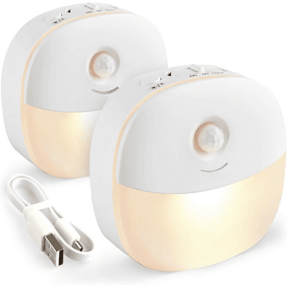 Rechargeable Battery Night Light, Mini with Motion Sensor, Warm White LED Stick-On Closet Light with Dusk to Dawn Sensor, Adjustable Brightness for Wall, Stairs, Hallway, Cabinet (2 Pack)