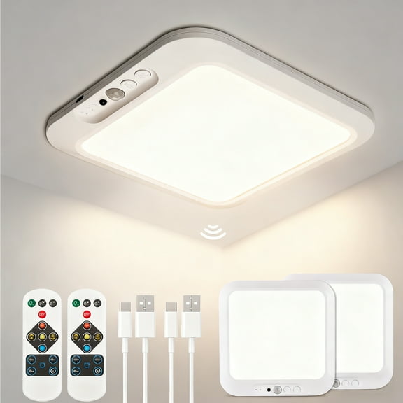 Rechargeable ceiling light, Wireless Motion Sensor Light with Remote 3000K 4500K 6500K Dimmable Timing for Closet, Shower, Hallway, Patio,2pcs