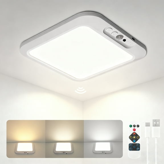 Rechargeable Ceiling Light, Wireless Motion Sensor Light with Remote 3000K 4500K 6500K Dimmable Timing for Closet, Shower, Hallway, Patio,1pcs
