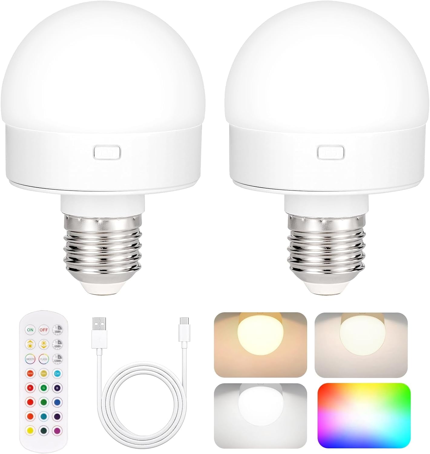 Rechargeable Battery Operated Light Bulb with Remote Control 2 Packs, 350LM Dimmable Detachable LED Bulb with 15 Colors Selectable & 3 Timer, Wireless Puck Light Bulb for Wall Sconce