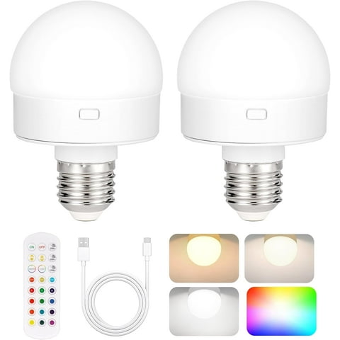 Rechargeable Battery Operated Light Bulb with Remote Control 2 Packs, 350LM Dimmable Detachable LED Bulb with 15 Colors Selectable & 3 Timer, Wireless Puck Light Bulb for Wall Sconce