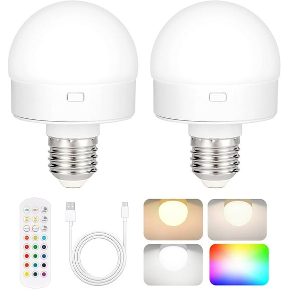 Rechargeable Battery Operated Light Bulb with Remote Control 2 Packs, 350LM Dimmable Detachable LED Bulb with 15 Colors Selectable & 3 Timer, Wireless Puck Light Bulb for Wall Sconce