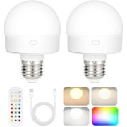 Rechargeable Battery Operated Light Bulb with Remote Control 2 Packs, 350LM Dimmable Detachable LED Bulb with 15 Colors Selectable & 3 Timer, Wireless Puck Light Bulb for Wall Sconce