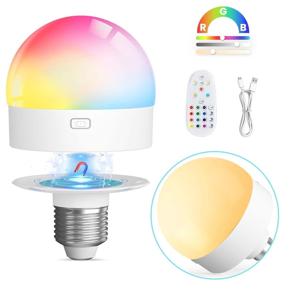 Rechargeable Battery Operated Light Bulb with Remote Control 400LM Dimmable Detachable LED Bulb with 15 Colors Selectable & 3 Timer, Wireless Puck Light Bulb