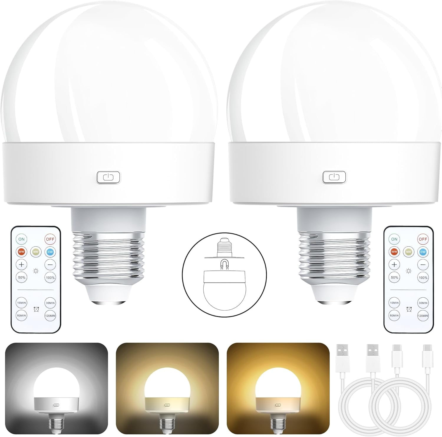 Rechargeable Battery Operated Light Bulbs, 300LM E26 Socket (Magnetic Detachable) Light Bulb for Lamps with Remote Control Dimmable＆Timer, Puck Emergency Lamp for Non-Hardwired Wall Sconce (Pack