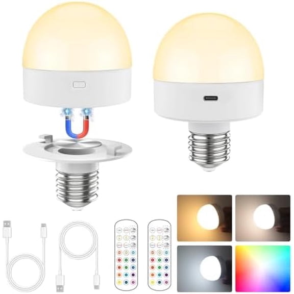 Rechargeable Battery Operated Light Bulbs with Remote Control, 15 Color Temperature, Dimmable, Timer, Wireless Magnetic Night Light Bulb for Wall Sconce, Non-Hardwired, E26 Detachable Base, 2 Pack
