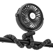 Rechargeable Battery Operated Small Fan Portable Hand Held Personal Fan for Stand Desktop Bedroom or Clip On Baby Stroller Camping Tent with Flexible & Windable Tripod, 3-Speed & LED Light