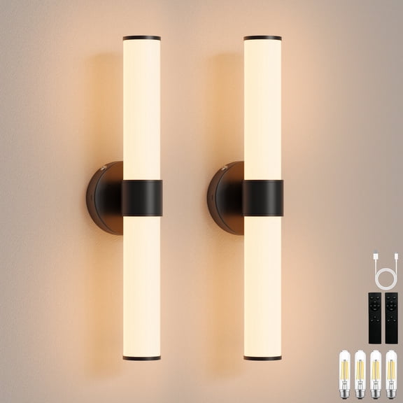 Rechargeable Battery-Operated Wall Sconce, 8000mAh Cordless Wall Light with Dimming and Timer Functions, Black with Frosted Glass Shade, Bulbs Included, Easy Installation 2 Pack