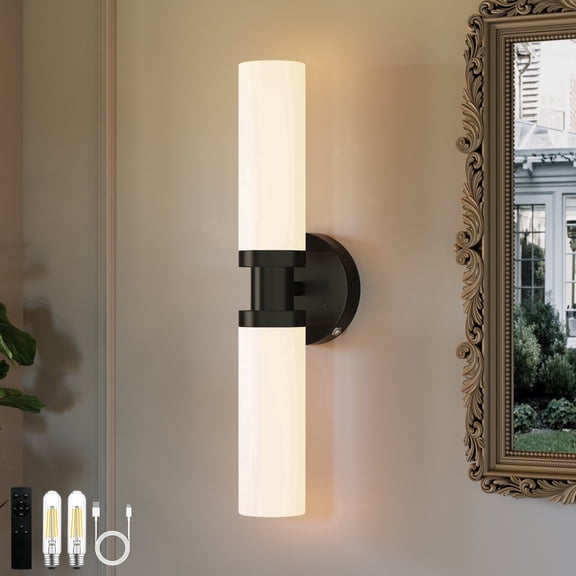 Rechargeable Battery-Operated Wall Sconce, 8000mAh Cordless Wall Light with Dimming and Timer Functions, Black with White Shades, Bulbs Included for Living Rooms and Bedrooms (1 Pack)