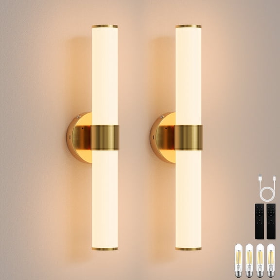 Rechargeable Battery-Operated Wall Sconce, 8000mAh Cordless Wall Light with Dimming and Timer Functions, Gold with Frosted Glass Shade, Bulbs Included, Easy Installation 2 Pack