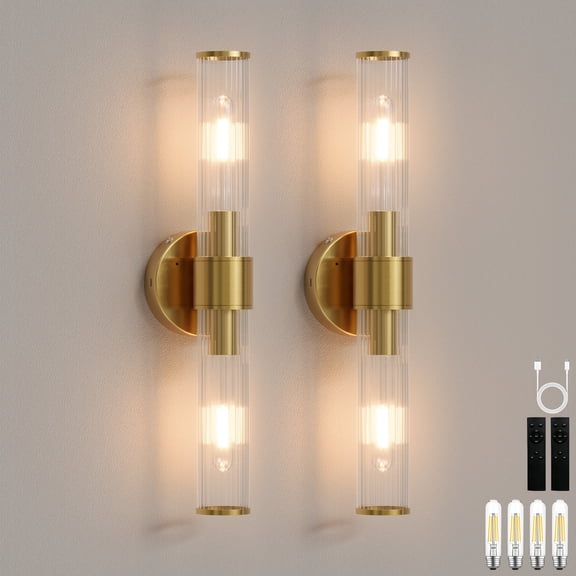 Rechargeable Battery-Operated Wall Sconce, 8000mAh Cordless Wall Light with Dimming and Timer Functions, Gold with Textured and Thick Glass Tubes, Bulbs Included, Easy Installation 2 Pack