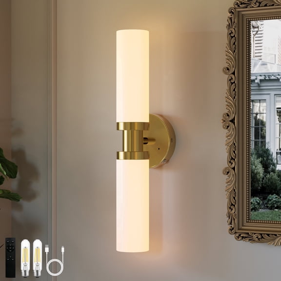 Rechargeable Battery-Operated Wall Sconce, 8000mAh Cordless Wall Light with Dimming and Timer Functions, Gold with White Shades, Bulbs Included for Living Rooms and Bedrooms 1 Pack)