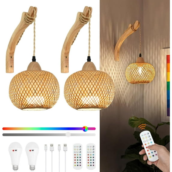 Rechargeable Battery Operated Wall Sconces Set of Two with Remote, RGB 15 Colors Dimmable Wireless Wall Light, Bamboo Indoor Wall Lamp with 3 Timer, Rattan Wall Lighting for Bedroom