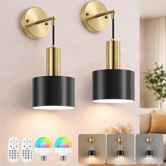 Rechargeable Battery Operated Wall Sconces with Remote RGB Colors Set of Two Dimmable Battery Powered Wireless Wall lamps for Bedroom Living Room