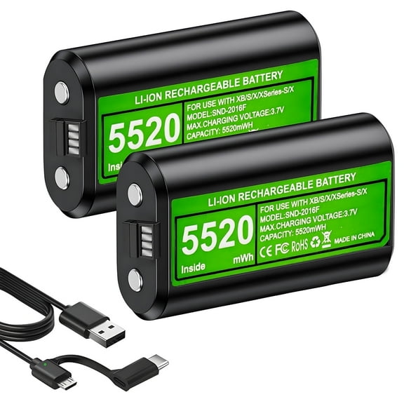 2 x 5520mWh Rechargeable for Xbox Controller Battery Pack, Batteries Pack Play and Charge Kit with USB-C Charging Cable for Xbox One/Xbox Series X|S Controller