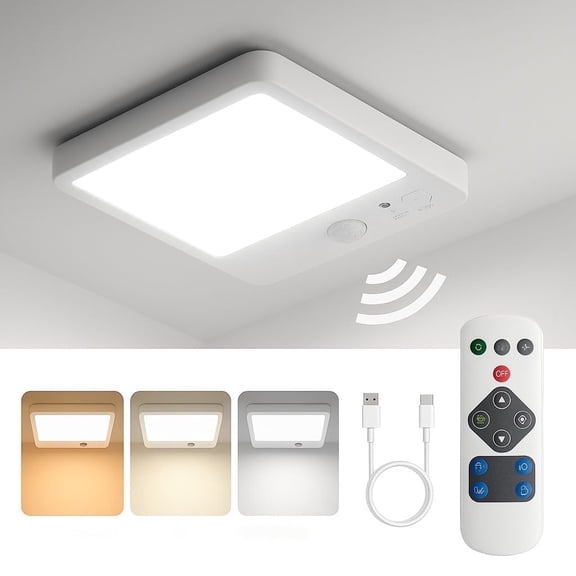 Rechargeable Battery-Powered Motion Sensor Ceiling Light with Remote, Dimmable LED, 3000-6000K Adjustable Color Temperatures, 3 Light Modes, Timer, Square, 300lm, White