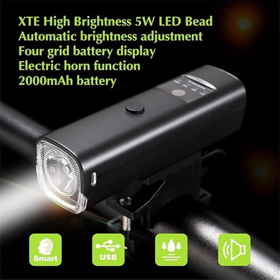 Rechargeable Bike Horn Light Intelligent Light Sensing LED Headlight with Loud Electric Horn Battery Display for Cycling Commuting Road Mountain Bike Night Riding