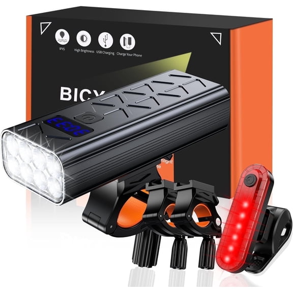 Rechargeable Bike Light Set, 3600 Lumens USB Bicycle Lights, Front Headlight with 5＋4 Light Modes, Waterproof Rechargeable Bike Lights for Night Riding、Road、Mountain