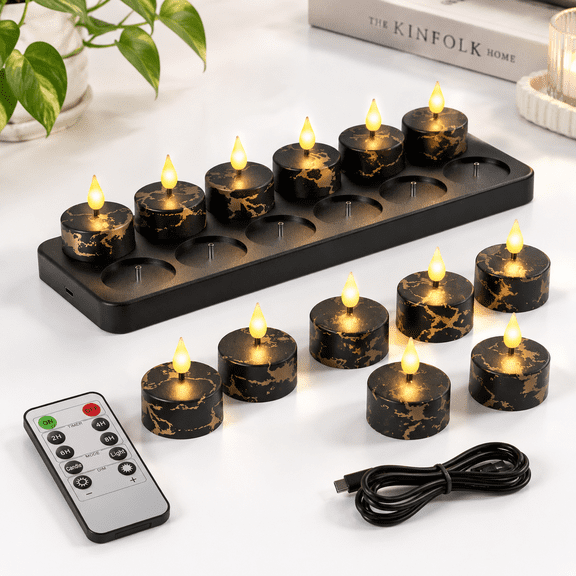 Rechargeable Black Marble Pattern 12-Pack LED Tea Lights with Remote Control and Charging Station