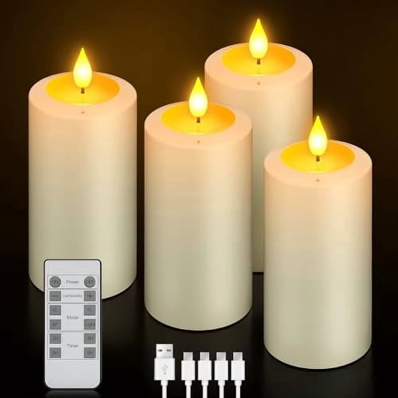 Rechargeable Blow Out Candles with Remote and Timer, LED Flickering Flameless Candles, Battery Operated Pillar Candles for Christmas Halloween Table Wedding Home Decor, Long Lasting, Set of 4