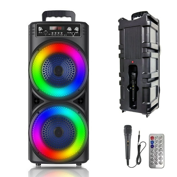 Rechargeable Bluetooth 8inch Double Subwoofer Portable Party Speaker with Party Lights, USB, SD and AUX Inputs with Mic Remote