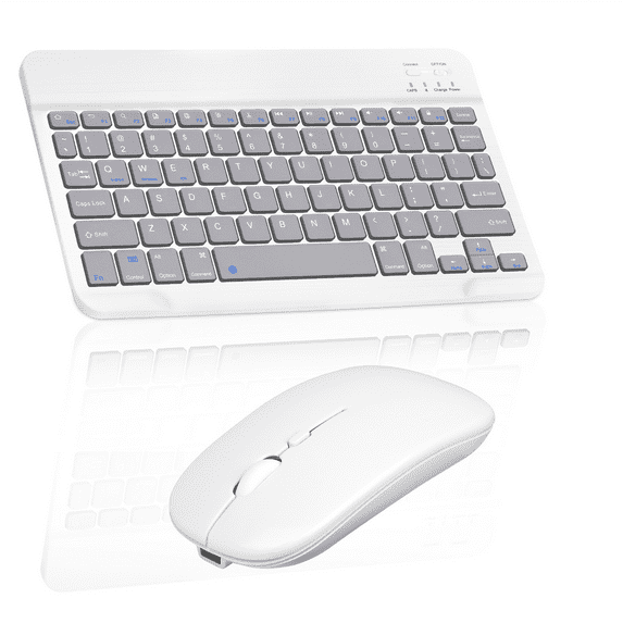 Rechargeable Bluetooth Keyboard and Mouse Combo Ultra Slim Full-Size Keyboard and Mouse for BLU Touchbook G7 and All Bluetooth Enabled Mac/Tablet/iPad/PC/Laptop - Stone Grey with Purple Mouse
