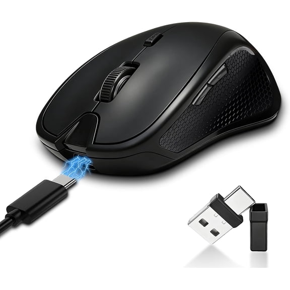 Rechargeable Bluetooth Mouse with Built-in Mouse Jiggler, Multi-Device Wireless Mouse for MacBook, iPad, Laptop & PC, USB-C/USB-A Receiver, BT5.2/3.0 & 2.4G, Silent Ergonomic Office Mouse - Black