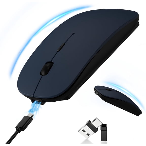 Rechargeable Bluetooth Wireless Mouse with Jiggler, Silent Slim Mouse for MacBook, iPad, Laptop & PC, USB-C/USB-A Dual Receiver, BT5.2 & 2.4G Portable Optical Mouse with Adjustable DPI - Blue