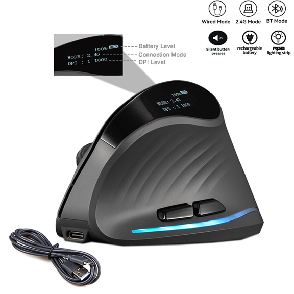 Rechargeable Bluetooth Wireless Vertical Mouse With Screen Display 4000DPI 6 Button Progammable Wired Gaming Mouse for Desktop