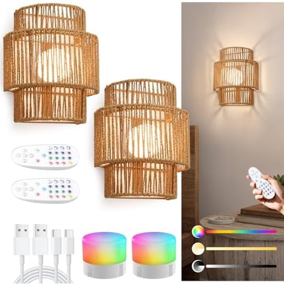 Rechargeable Boho Wall Sconces Set of 2 with Remote, Handwoven Rattan Wall Lights with RGB Dimmable Bulb, Wireless Battery-Operated Light Fixtures for Bedroom, Living Room & Hallway