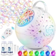 Rechargeable Bubble Machine, Remote Control and 7 Colors RGB LED Light, Auto 90&deg;/360&deg; Rotation, Bubble Maker for Kids, Weddings, Birthday Parties, Outdoor Activities