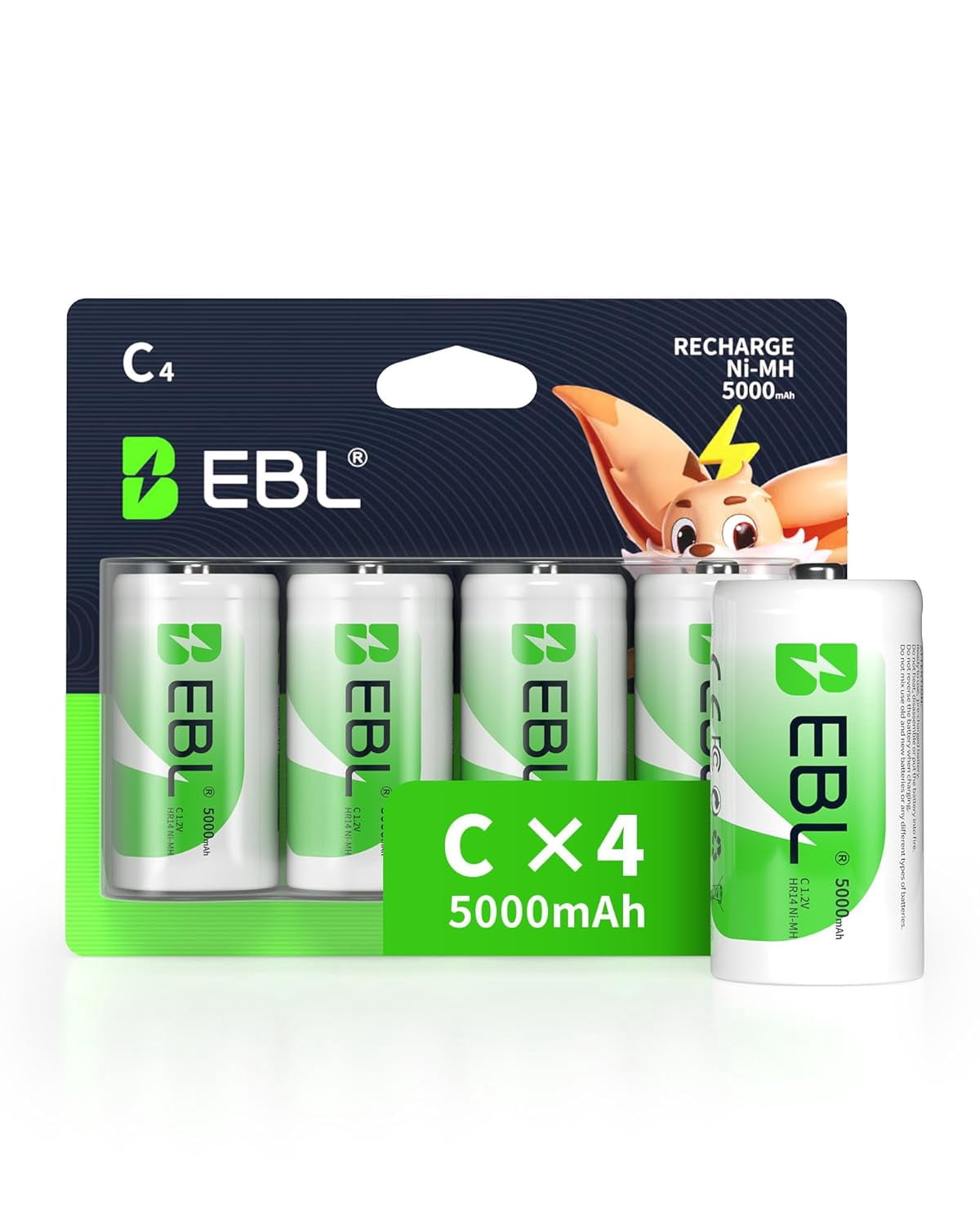 Recharable C Batteries, 5000mAh Ni-MH High Capacity Cell Battery New Retail Packa, Pack of 4