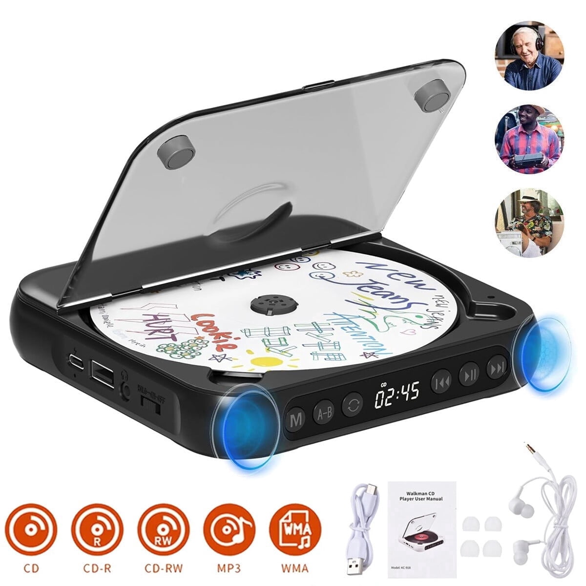 Rechargeable CD Player With Bluetooth Portable Personal Cd Players For Car Home