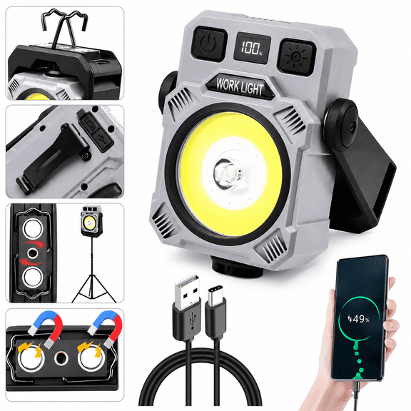 Rechargeable COB Magnetic Work Light with Clip, Dimmable Flashlight Digital Power & Red Emergency Strobe for Car Repair Camping