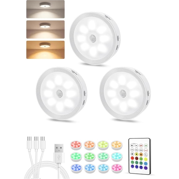 Rechargeable Under Cabinet LED Puck Lights with Remote, Motion Sensor, Dimmable Stick-On, 3 Color Temperatures & 12 RGB Modes for Kitchen Counter, Closet, 6-Pack White