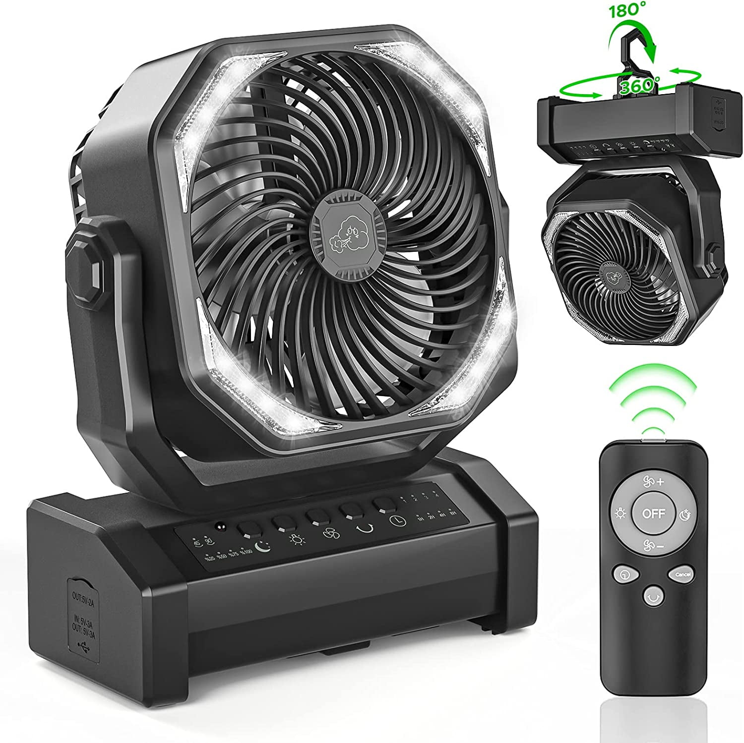 Rechargeable Camping Fan with LED Lantern, 20000mAh Auto-Oscillating Battery Operated Desk Fan with Remote&Hook, 8” Portable Fan for Picnic Fishing RV Jobsite Workshop Power Outages Hurricane(Black)