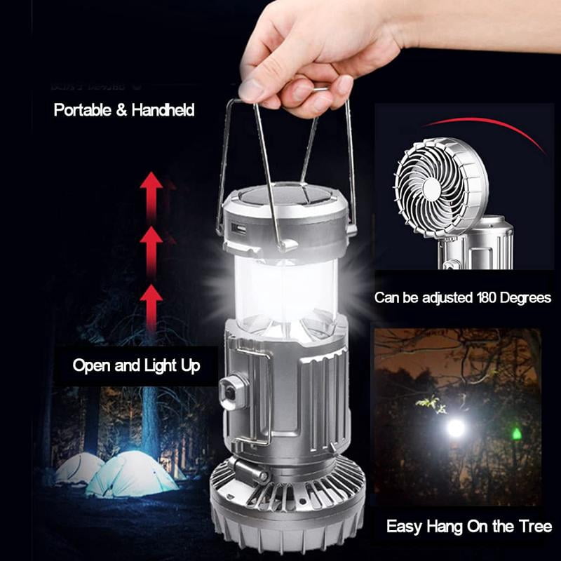 Rechargeable Camping Fan with LED Light, Bluetooth Speaker & Hook - Portable USB/Solar Powered Fan for Outdoor, RV, Workshop, Power Outages, Emergency Use