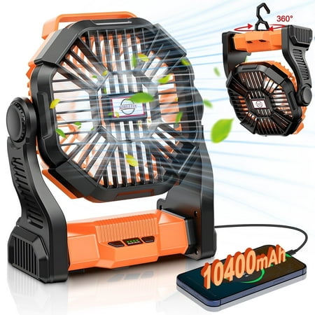 Rechargeable Camping Fan with LED Lantern,10400mAh Portable Battery Operated Oscillating Fan for Tent, Table Fan for Picnic Fishing Travel Office,Orange