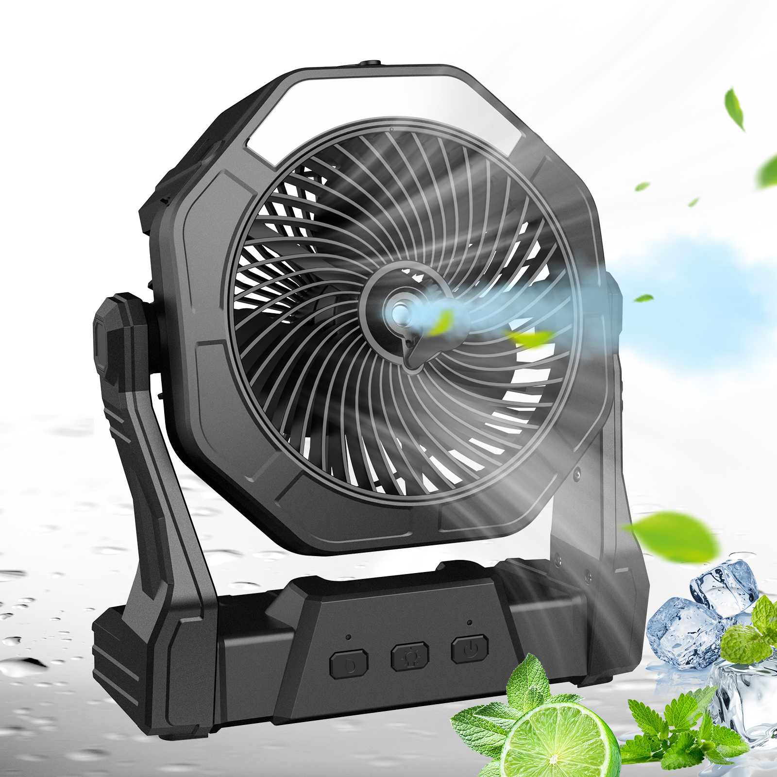 Camp Tent Fan with LED Light, 10000mAh Rechargeable Battery Operated