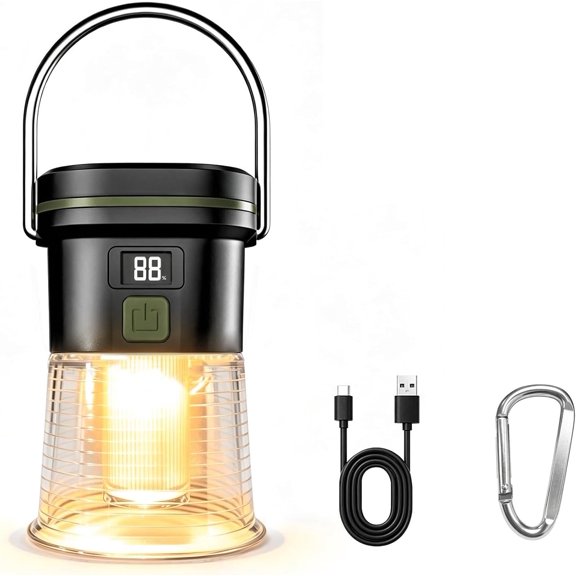 Rechargeable Camping Lantern & Flashlight, 300LM USB LED Light with 7 Modes, LCD Screen and Hanging Hook for Tent and Emergency Use