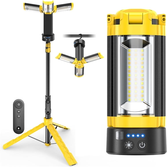 Rechargeable Camping Lantern and LED Work Light with Remote Control 18000mAh Battery Detachable Tripod Stand 3 Lamp Heads Yellow Bestseling