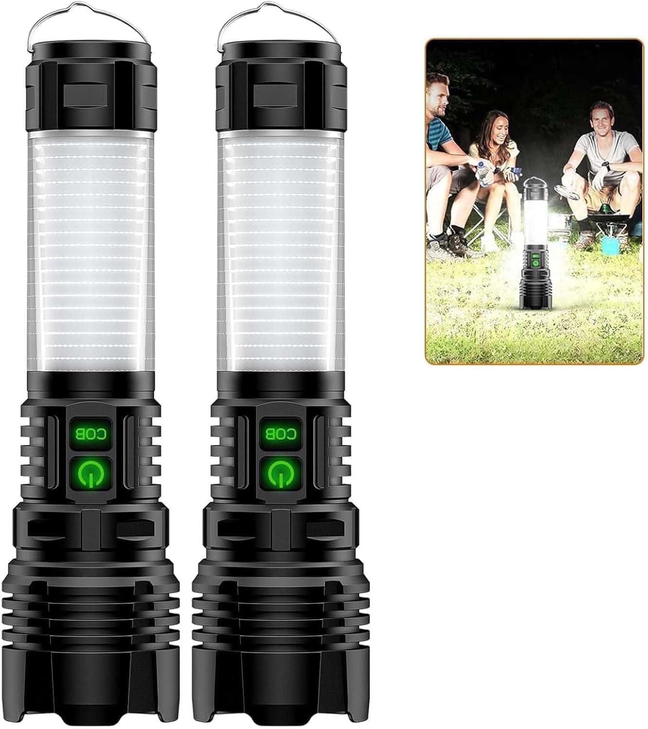 2-Pack Rechargeable LED Camping Lantern Flashlights - 2000LM Super Bright, 2000m Long Beam, 5 Modes, Waterproof, Zoomable for Camping, Hiking & Emergencies